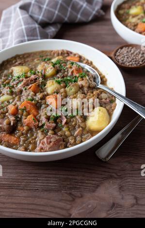 Stufati con lenticchie, carne di maiale, patate e verdure. Tradizionale zuppa tedesca di lenticchie Foto Stock
