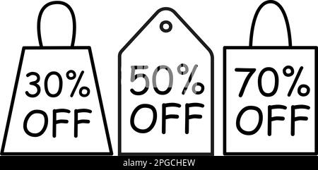 Etichetta sconto offerta speciale con diversa percentuale di vendita. Vendita tag profilo forma con diverso set di sconti. 30, 50, 70% di sconto sul prezzo di cancellazione adesivo figura vettoriale isolato su bianco Illustrazione Vettoriale