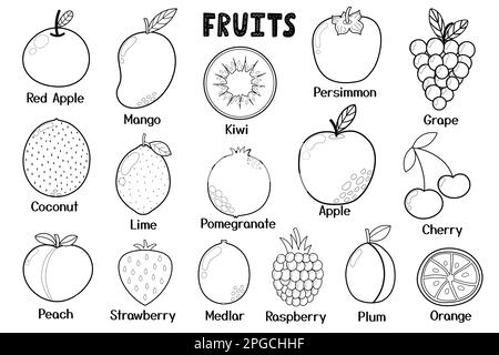 Raccolta di frutta bianca e nera. Alimenti sani elementi isolati in stile cartone animato Illustrazione Vettoriale