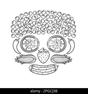 Frutta e verdura faccia bianca e nera. Divertente sana pagina da colorare Illustrazione Vettoriale