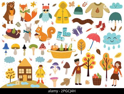 Collezione di elementi autunnali carini. Abiti autunnali, animali, foglie, funghi, bambini e molto altro Illustrazione Vettoriale