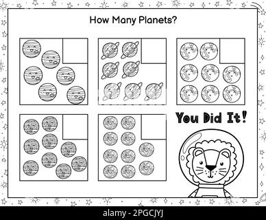 Quanti pianeti vedete. Gioco di labirinto di matematica in bianco e nero per bambini Illustrazione Vettoriale