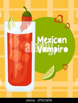 Cocktail messicano Vampiro. Poster a colori verticale con bevanda alcolica latino-americana e cocktail di Halloween. Illustrazione vettoriale in stile cartoon flat Illustrazione Vettoriale