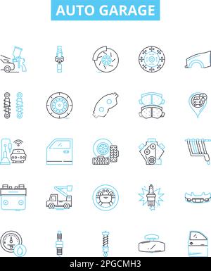Set di icone di linee vettoriali auto garage. Auto, Garage, Riparazione, Assistenza, Messa a punto, OIL, Change Illustration simboli e segnali del concetto di contorno Illustrazione Vettoriale