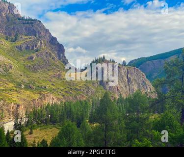 Ripido pendio di montagna di pietra con foresta e erba nella valle del fiume Chuya in Altai in Siberia in autunno. Foto Stock