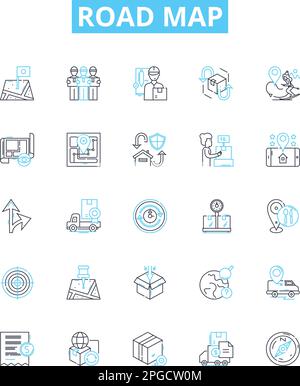 Set di icone delle linee vettoriali della mappa stradale. Percorso, mappa, percorso, traccia, guida, Traiettoria, illustrazione del viaggio delineano simboli e segnali concettuali Illustrazione Vettoriale