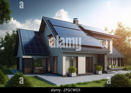 Esterno di un edificio moderno con pannelli solari installati sul tetto e ambiente circondato da prato verde e alberi sotto il cielo blu nelle giornate di sole Foto Stock