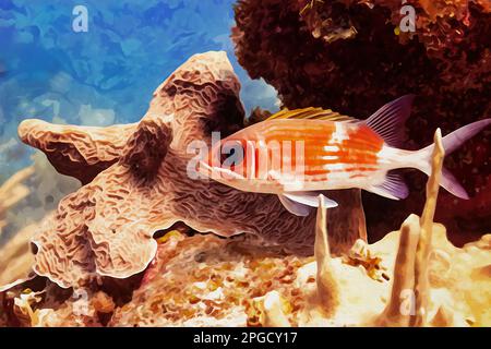 Dipinto ad acquerello creato digitalmente di Squirrelfish Olocentrus adscensionis nella barriera corallina del Mar dei caraibi Foto Stock