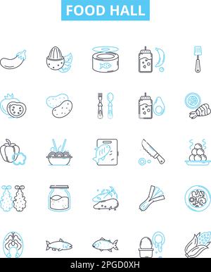 Set di icone della linea vettoriale della sala da cucina. Cibo, hall, ristorante, caffetteria, mensa, buffet, illustrazione bistrot delineano simboli e cartelli concettuali Illustrazione Vettoriale