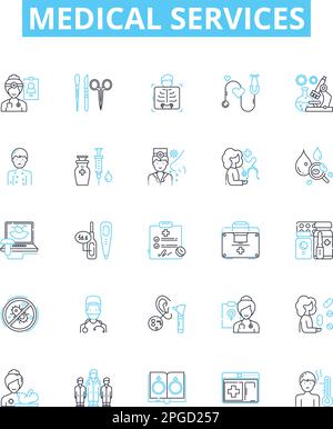 Set di icone di linee vettoriali per i servizi medici. Medicina, Salute, trattamento, Chirurgia, cura, Test, illustrazione ospedali delineano simboli e segni concettuali Illustrazione Vettoriale