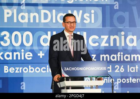 Szczecin, Polonia: 26 settembre 2018, Mateusz Morawiecki in un incontro con gli elettori del PIS. Foto Stock