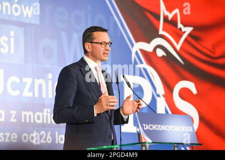 Szczecin, Polonia: 26 settembre 2018, Mateusz Morawiecki in un incontro con gli elettori del PIS. Foto Stock