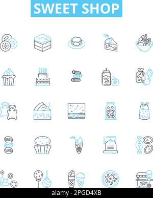 Set di icone linea vettoriale Sweet Shop. Caramelle, prodotti dolciari, cioccolatini, dolci, prodotti da forno, Tratta, illustrazione caramelle delineare i simboli e i segni di concetto Illustrazione Vettoriale