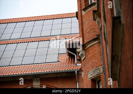 Amburgo, Germania. 22nd Mar, 2023. Un impianto fotovoltaico sul tetto del Museo di Altona. Una nuova linea guida sull'uso delle energie rinnovabili negli edifici elencati è intesa a contribuire alla pianificazione e all'approvazione di sistemi di energia rinnovabile compatibili con gli edifici elencati. Credit: Jonas Walzberg/dpa/Alamy Live News Foto Stock