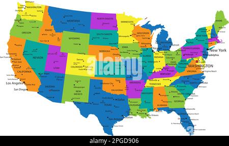 Colorata mappa politica degli Stati Uniti d'America con strati chiaramente etichettati e separati. Illustrazione vettoriale. Illustrazione Vettoriale