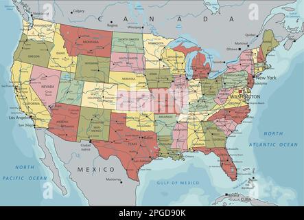 Stati Uniti d'America - Mappa politica modificabile molto dettagliata con etichettatura. Illustrazione Vettoriale