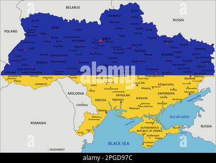 Ucraina mappa politica molto dettagliata con bandiera nazionale isolata su sfondo bianco Illustrazione Vettoriale