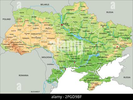 Mappa fisica Ucraina dettagliata con etichettatura. Illustrazione Vettoriale