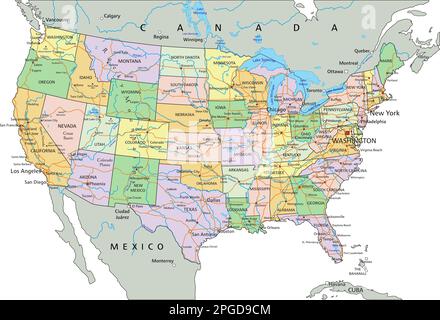 Stati Uniti d'America - Mappa politica modificabile molto dettagliata con etichettatura. Illustrazione Vettoriale