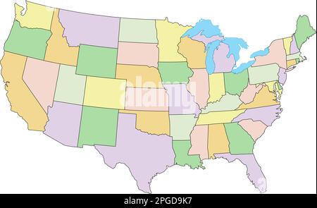 Stati Uniti d'America - Mappa politica modificabile molto dettagliata con etichettatura. Illustrazione Vettoriale