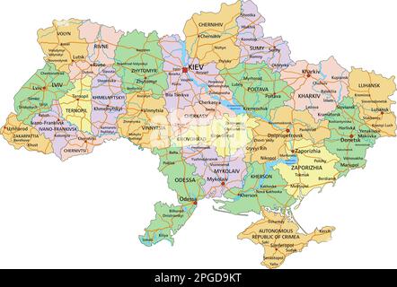 Ucraina - Mappa politica modificabile molto dettagliata con etichettatura. Illustrazione Vettoriale