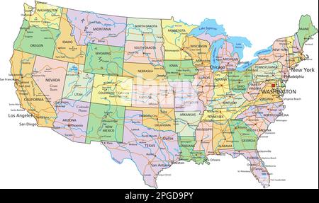 Stati Uniti d'America - Mappa politica modificabile molto dettagliata con etichettatura. Illustrazione Vettoriale