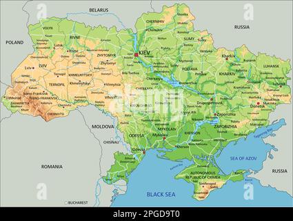Mappa fisica Ucraina dettagliata con etichettatura. Illustrazione Vettoriale