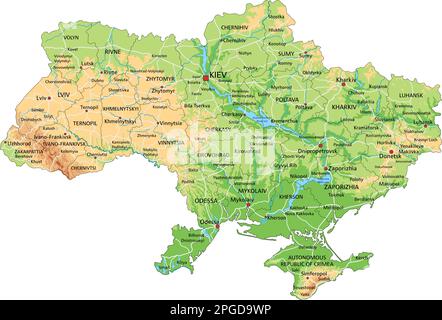 Mappa fisica Ucraina dettagliata con etichettatura. Illustrazione Vettoriale