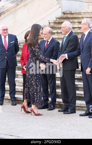 Madrid. Spagna. 20230322, la regina Letizia di Spagna partecipa alla mostra di Nebrija (1444-1522). L'orgoglio di essere un grammario 'Grammaticus Nomen est Professionis', nel quadro delle attività che hanno luogo per il 5th centenario della morte di Elio Antonio de Nebrija alla Biblioteca Nazionale il 22 marzo 2023 a Madrid, Spagna Foto Stock