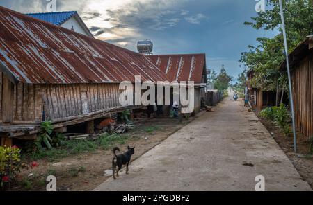 Un vicolo che passa accanto a una tradizionale casa lunga su palafitte che conduce nel villaggio di minoranza etnica Mnong di buon Jun, Lien Son, Vietnam. Foto Stock