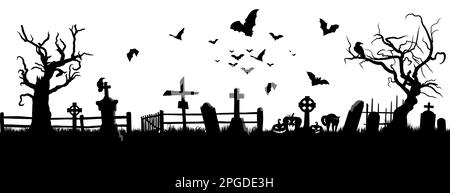 Silhouette nera del cimitero, lapidi, pipistrelli volanti Illustrazione Vettoriale