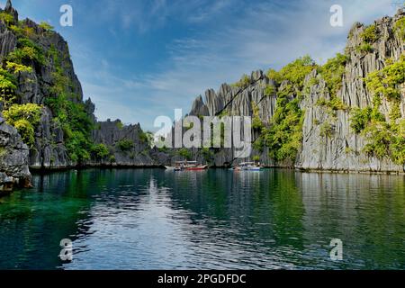 Una baia con rocce maestose a Coron, Palawan nelle Filippine che sono sovra-cresciute di arbusti e bastone fuori dall'acqua. Foto Stock