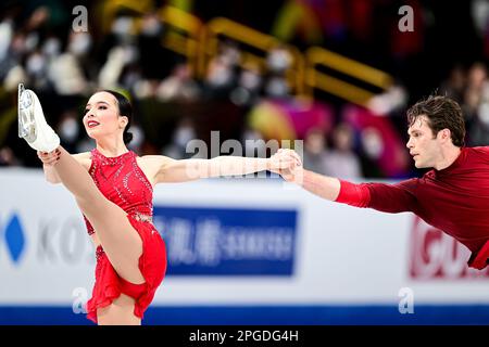 Mia PEREIRA & Trennt MICHAUD (CAN), durante il Pairs Short Program, al Campionato Mondiale di Pattinaggio ISU 2023, alla Saitama Super Arena, il 22 marzo 2023 a Saitama, Giappone. Credit: Raniero Corbelletti/AFLO/Alamy Live News Foto Stock