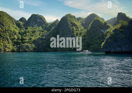 Una baia con rocce maestose a Coron, Palawan nelle Filippine che sono sovra-cresciute di arbusti e bastone fuori dall'acqua. Foto Stock