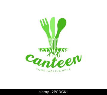 Cibo, forchetta, cucchiaio, coltello in forma di pianta con radici, logo design. Pasto, mensa, catering e ristorazione, disegno vettoriale e illustrazione Illustrazione Vettoriale