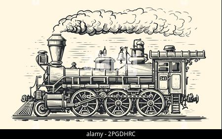 Treno retrò in movimento disegnato a mano, schizzo. Trasporto di locomotive a vapore d'epoca in stile di antica incisione. Illustrazione vettoriale Illustrazione Vettoriale