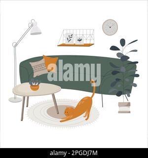 Carino interno con divano verde e pianta della casa e gatto. Illustrazione Vettoriale