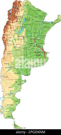 Mappa fisica argentina molto dettagliata con etichettatura. Illustrazione Vettoriale