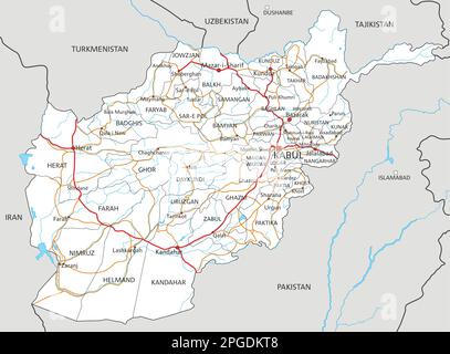 Mappa stradale dettagliata dell'Afghanistan con etichettatura. Illustrazione Vettoriale