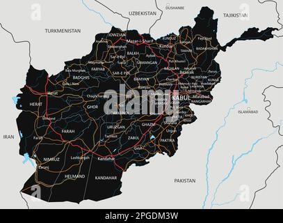 Mappa stradale dettagliata dell'Afghanistan con etichettatura. Illustrazione Vettoriale