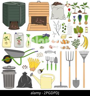 Set di attrezzature e attrezzi per il giardinaggio, rifiuti organici, composters in legno e plastica. Agricoltura e agricoltura. Illustrazione vettoriale disegnata a mano. Illustrazione Vettoriale