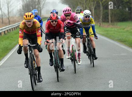 De Panne, Belgio. 22nd Mar, 2023. Louis Benixden (Den - uno-X), il francese Mathis le Berre di Arkea-Samsic, il tedesco Jonas Rutsch di EF Education-EasyPost, il belga Fretin di Milano del Team Fiandre Baloise e Jens Reynders (Israele-Premier Tech) raffigurati in azione durante la gara d'élite maschile della "Classic Brugge-De Panne", gara ciclistica di un giorno, 207,4km da Brugge a De Panne, mercoledì 22 marzo 2023. FOTO DI BELGA DIRK WAEM Credit: Agenzia Notizie di Belga/Alamy Live News Foto Stock