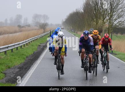 De Panne, Belgio. 22nd Mar, 2023. Louis Benixden (Den - uno-X), il francese Mathis le Berre di Arkea-Samsic, il tedesco Jonas Rutsch di EF Education-EasyPost, il belga Fretin di Milano del Team Fiandre Baloise e Jens Reynders (Israele-Premier Tech) raffigurati in azione durante la gara d'élite maschile della "Classic Brugge-De Panne", gara ciclistica di un giorno, 207,4km da Brugge a De Panne, mercoledì 22 marzo 2023. FOTO DI BELGA DIRK WAEM Credit: Agenzia Notizie di Belga/Alamy Live News Foto Stock