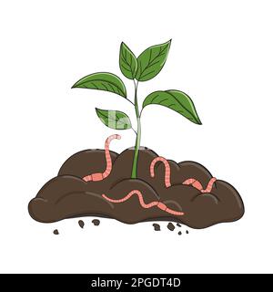 Giardino fertilizzante organico con vermi. Palo di composto pronto con germoglio. Riciclaggio dei rifiuti organici. Concetto di vita sostenibile. Illustrazione vettoriale disegnata a mano Illustrazione Vettoriale
