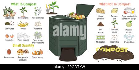 Infografica di scomparto di compostaggio di giardino con scarti. Che cosa a o non compost. Niente cibo sprecato. Riciclare rifiuti organici, compost. Vita sostenibile, zer Illustrazione Vettoriale