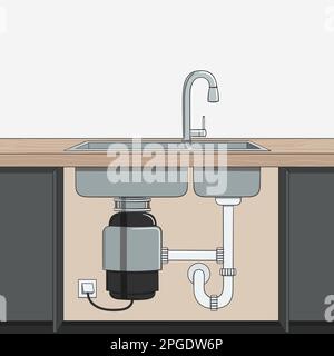 Dispositivo di smaltimento dei rifiuti alimentari installato sotto il lavello della cucina. Smaltimento rifiuti domestici. Cucina interna. Riciclaggio dei rifiuti organici. Vita sostenibile, zero sprechi con Illustrazione Vettoriale