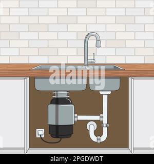 Dispositivo di smaltimento dei rifiuti alimentari installato sotto il lavello della cucina. Smaltimento rifiuti domestici. Cucina interna. Riciclaggio dei rifiuti organici. Vita sostenibile, zero sprechi con Illustrazione Vettoriale