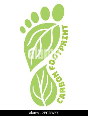Icona Carbon Footprint dalla forma del piede. CO2 simboli di impronta ecologica con foglie verdi. Emissione di gas a effetto serra. Cambiamenti ambientali e climatici c Illustrazione Vettoriale