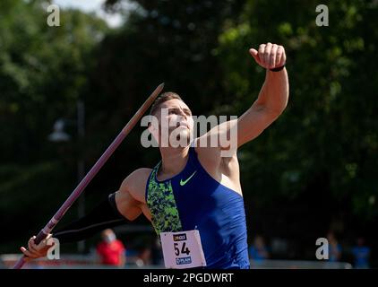 Leverkusen, Germania. 16th ago, 2020. FOTO ARCHIVIO: Johannes VETTER avrà 30 anni il 26 marzo 2023, Johannes VETTER (LG Offenburg) azione. Javelin Throw maschile, atletica #True Athletes Classics, il 16th agosto 2020 a Leverkusen/ Germania Credit: dpa/Alamy Live News Foto Stock