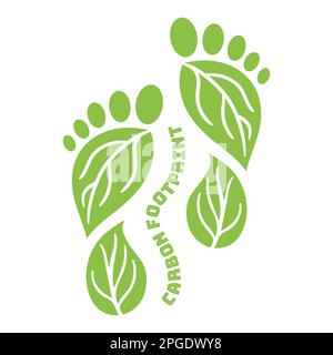 Icona Carbon Footprint dalla forma dei piedi. CO2 simboli di impronta ecologica con foglie verdi. Emissione di gas a effetto serra. Cambiamenti ambientali e climatici Illustrazione Vettoriale